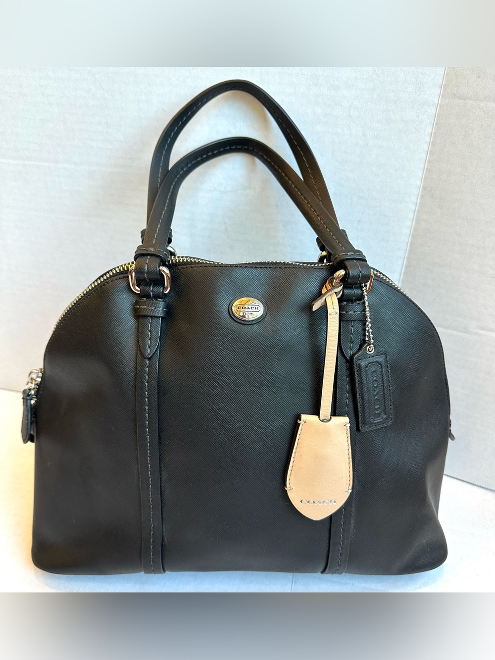 Coach Cora Peyton Black Saffiano Leather Domed Satchel Crossbody Bag Classic